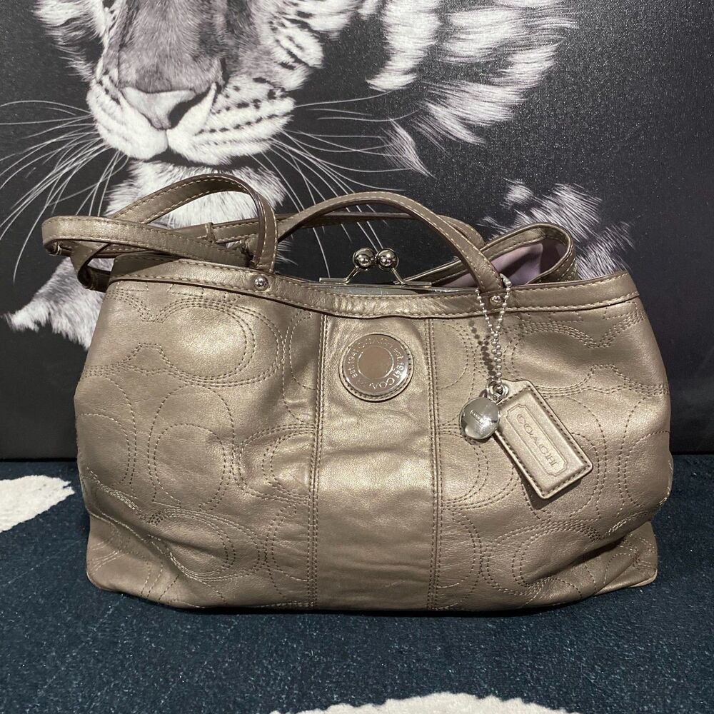 Coach Shoulder Handbag Womens Beige Leather Double Top Handle Party Cocktail